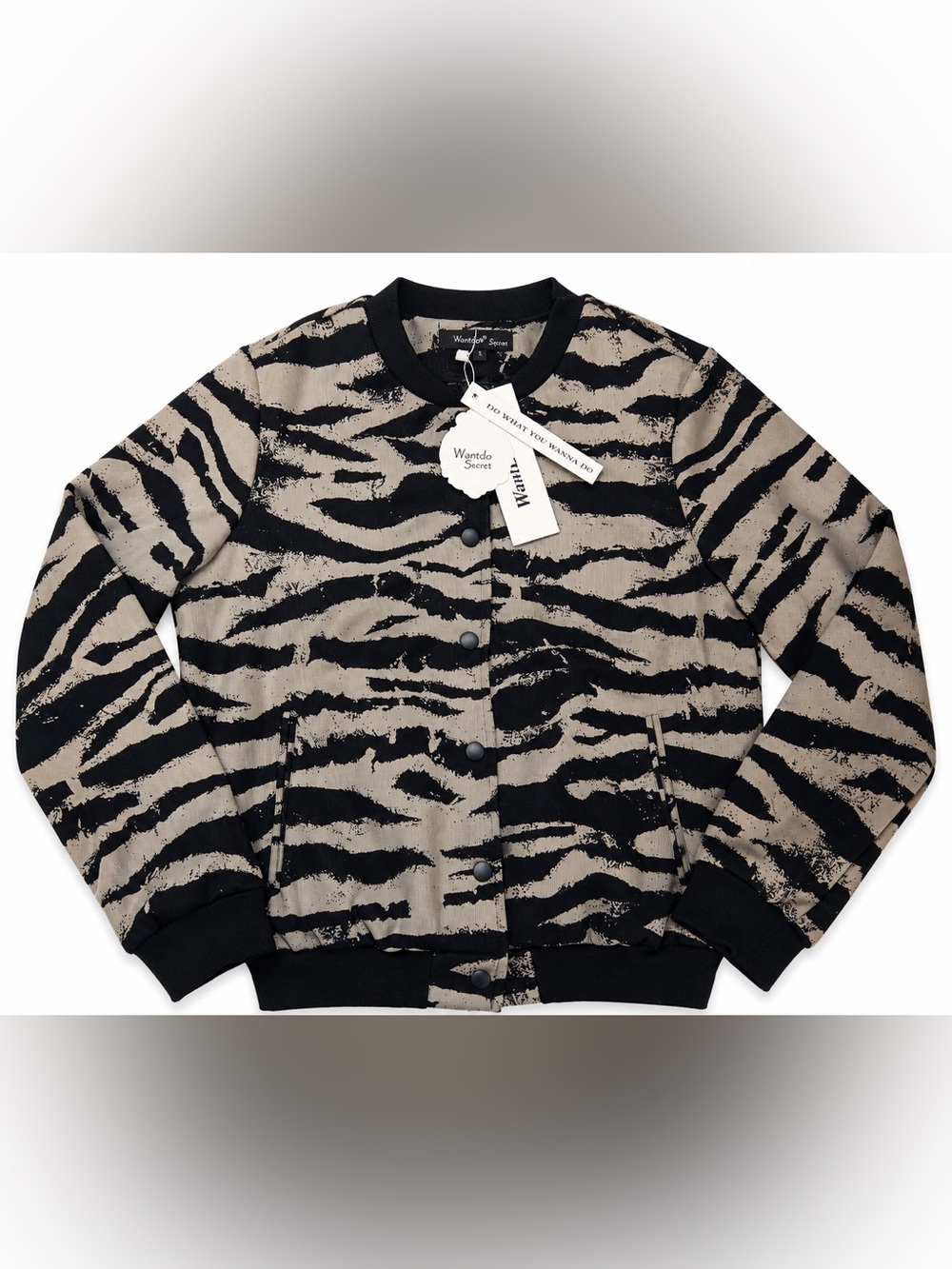 Wantdo Secret Women’s Small Zebra Print Bomber Jacket Black Tan NWT